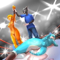 anthro audience bodily_fluids breasts butt clothed clothing competition female fighting_ring genital_fluids genitals group lying male nipples nude peeing public referee sexual_competition sexual_fight standing sweat urine vaginal_fluids vulva watersports 高橋うさぎ_(artist) lagomorph leporid mammal rabbit 1:1 censored
