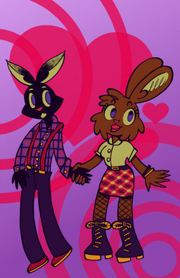 anthro black_body blue_eyes boots bottomwear brown_body clothing duo female footwear hand_holding holidays lips long_ears looking_at_viewer male nails pants print_clothing shirt shoes simple_background skirt topwear autenticovadito valentine's_day bugambilia_(autenticovadito) lagomorph leporid mammal rabbit absurd_res digital_media_(artwork) hi_res
