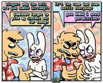 2_panel_comic 4_fingers abstract_background aloha_shirt anthro argument blush blush_stickers bow_tie brown_body brown_fur clothing dialogue dominant dominant_male duo fingers frown fur male nude open_frown open_mouth pattern_clothing pattern_shirt pattern_topwear purple_eyes shirt submissive submissive_male teeth text tooth_gap topwear white_body white_fur rawdawgcomics bingus_(rawdawgcomics) stahli_(rawdawgcomics) canid canine canis domestic_dog lagomorph leporid mammal rabbit 2025 artist_name comic digital_media_(artwork) english_text