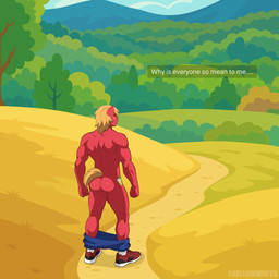 anthro balls blonde_hair butt caption clothing footwear freckled_face freckles genitals hair male mostly_nude penis red_body shoes sneakers solo shallowwin everyone_is_so_mean_to_me friendship_is_magic hasbro my_little_pony big_macintosh_(mlp) earth_pony equid equine horse mammal pony 1:1 hi_res meme