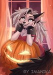 anthro black_collar black_nose breasts collar fangs female fluffy fluffy_tail food fruit fur glowing glowing_eyes grey_body grey_fur grey_hair hair holidays inside jack-o'-lantern long_tail looking_at_viewer orange_glow plant pumpkin red_sclera sky smile solo spiked_collar spikes star starry_sky tail teeth white_body white_eyes white_fur window imanika halloween helluva_boss mythology loona_(helluva_boss) canid canid_demon canine demon hellhound mammal mythological_canine mythological_creature 2024