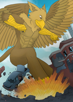 5_fingers abs anthro beak biceps biped brown_body building building_destruction city city_background city_destruction claws destruction detailed_background feathered_wings feathers feet finger_claws fingers genitals landing macro macro_anthro macro_male male muscular muscular_anthro muscular_male nude outside paws pecs rampage sky solo stomping tail toe_claws toes vehicle vehicle_destruction wings deanwolfwood mythology carpo avian gryphon mythological_avian mythological_creature hi_res