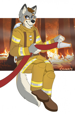 5_fingers anthro black_nose blue_eyes boots clothed clothing eyewear fingers firefighter firefighter_uniform footwear fur glasses grey_body grey_fur head_tuft male shoes smile solo tuft uniform citrinelle canid canine canis mammal wolf 2015 digital_drawing_(artwork) digital_media_(artwork) flat_colors hi_res