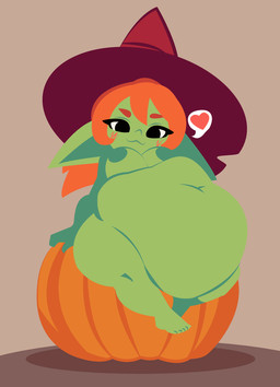 after_vore belly big_belly clothing duo female female_pred green_body hair hat headgear headwear holidays long_hair orange_hair overweight pump simple_background vore witch_hat smuggoblin halloween goblin 2025 hi_res