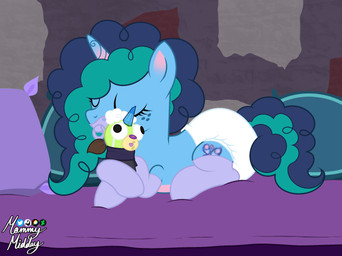 ageplay blue_body blue_fur blue_hair bottomwear clothed clothing cutie_mark diaper diaper_fetish eyes_closed female feral footwear freckles fur green_hair hair horn infantilism legwear multicolored_hair object_in_mouth pacifier pacifier_in_mouth pink_body pink_fur quadruped roleplay socks solo thigh_highs thigh_socks two_tone_hair underwear wearing_diaper mommymidday hasbro mlp_g5 my_little_pony mythology madame_taffytail_(mlp) misty_brightdawn_(mlp) equid equine mammal mythological_creature mythological_equine unicorn hi_res