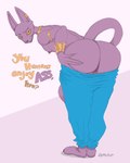 anthro anus_only barefoot big_butt bottomwear bottomwear_down butt clothed clothing dialogue ear_piercing ear_ring feet hand_on_butt jewelry male pants pants_down partially_clothed piercing presenting purple_body ring_piercing solo spread_butt spreading standing topless yellow_eyes erokaiga dragon_ball dragon_ball_super beerus deity domestic_cat felid felidae feline felis god_of_destruction mammal hi_res