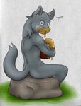 anthro blue_eyes butt caught_in_the_act claws eating eyebrows female food green_body grey_hair hair head_tuft holding_object honey_(food) honey_pot inner_ear_fluff looking_at_viewer messy nude outside rock simple_background sitting small_butt solo surprise thin_calves thin_legs thin_thighs tuft young young_anthro animew canid canine canis mammal wolf hi_res