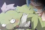 ?! ass_up bent_arm blue_hair blush bodily_fluids bottomless bottomless_humanoid bottomless_male butt butt_grab clothed clothing cute_fangs duo goblin gobta_(that_time_i_got_reincarnated_as_a_slime) goo_creature goo_humanoid green_body grey_hair hair hand_on_butt human humanoid japanese_text ko-gami looking_back male mammal open_mouth rimuru_tempest shirt slime slime_on_butt smile sweat text that_time_i_got_reincarnated_as_a_slime topwear white_clothing white_shirt white_topwear