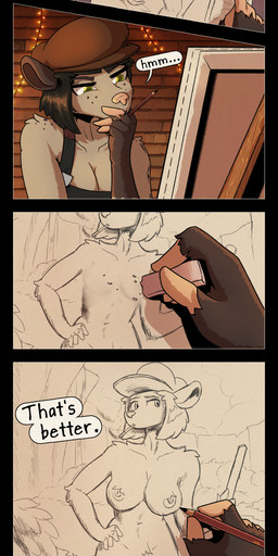 4_fingers anthro areola big_breasts biped black_clothing black_hair black_topwear breasts brown_body brown_clothing brown_eyebrows brown_fur brown_hat brown_headwear canvas cigarette clothed clothed_anthro clothed_female clothing creating_art crotch_tuft dialogue drawing_(action) easel eyebrows female fingerless_(marking) fingerless_gloves_(marking) fingers freckled_face freckled_shoulders freckles fur glistening glistening_eyes gloves_(marking) green_eyes hair hand_on_hip hat hat_only headgear headgear_only headwear headwear_only holding_object holding_pencil markings medium_breasts mostly_nude mostly_nude_anthro mostly_nude_female navel nipples pencil_(object) pink_nose smoking smoking_cigarette solo speech_bubble tail text topwear tuft posspowered belle_vedder_(posspowered) american_opossum mammal marsupial virginia_opossum 2026 absurd_res comic digital_media_(artwork) english_text hi_res