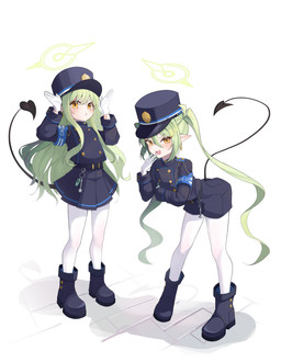 belt bent_over blue_bottomwear blue_clothing blue_footwear blue_hat blue_headwear blue_shirt blue_shoes blue_shorts blue_skirt blue_topwear blush bottomwear clothing cute_fangs ear_piercing ear_ring fangs female footwear gloves green_hair hair hair_between_eyes halo handwear hat headgear headwear heart_tail legwear long_hair open_mouth pantyhose piercing pointy_ears prick_ears raised_arms raised_tail ring_piercing shirt shoes shorts simple_background skirt tail teeth topwear whistle_(object) white_background white_clothing white_gloves white_handwear white_legwear white_pantyhose yellow_eyes young young_female young_humanoid ddan blue_archive nexon hikari_(blue_archive) nozomi_(blue_archive) demon demon_humanoid humanoid tailed_humanoid absurd_res hi_res
