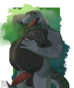 anthro arm_hair balls beard belly belly_hair big_belly black_body blue_eyes body_hair burp_cloud burping chest_hair erection facial_hair genitals grey_body hand_on_belly male mature_male musclegut muscular nude penis solo tongue tongue_out vein veiny_penis deltakitty lizard reptile scalie hi_res
