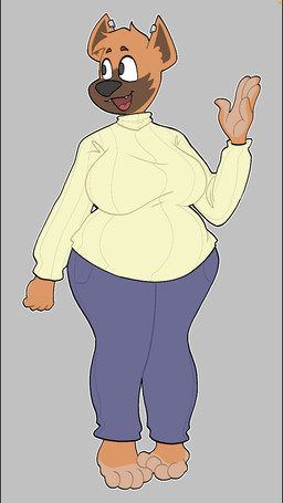 anthro belly big_belly big_breasts breasts clothed clothing eyebrows feet female gesture multicolored_body off-screen overweight overweight_anthro overweight_female pockets solo sweater thick_thighs topwear turtleneck waving wide_hips strawberrywith4 dana_(rynefox) canid canine canis domestic_dog mammal pinscher hi_res