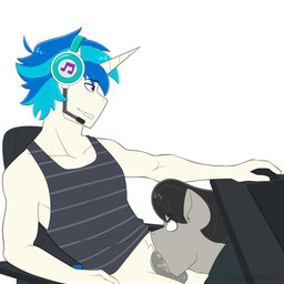 anthro balls black_hair blue_hair clothing computer_mouse crossgender duo electronics ftm_crossgender genitals grey_body hair headgear headphones headset horn male male/male oral pattern_clothing pattern_shirt pattern_tank_top pattern_topwear penis purple_eyes shirt simple_background striped_clothing striped_shirt striped_tank_top striped_topwear stripes tank_top topwear under_table under_table_oral white_background white_body shallowwin friendship_is_magic hasbro my_little_pony mythology octavia_(mlp) vinyl_scratch_(mlp) earth_pony equid equine horse mammal mythological_creature mythological_equine pony unicorn 1:1 hi_res