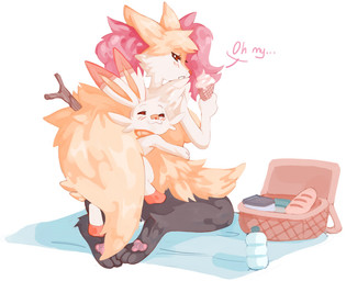 anthro biped blush bodily_fluids bread breasts cum dessert dialogue duo feet female female_anthro food genital_fluids hug ice_cream kneeling paws soles text moshi_chan nintendo pokemon braixen canid canine generation_6_pokemon generation_8_pokemon lagomorph leporid mammal pokemon_(species) scorbunny english_text