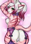 anthro anus areola big_butt biped blush breasts butt clothed clothing collar female fur garter_straps genitals green_eyes hair heart_symbol long_hair looking_at_viewer looking_back nipple_piercing nipples partially_clothed piercing pink_background pink_body pink_fur ponytail purple_hair purple_nipples purple_nose purple_pussy pussy raised_arm raised_tail rear_view red_body red_eyes red_fur side_boob simple_background smile solo tail teeth text white_body white_fur white_hair wide_hips eroberry kira_(kirakitten) felid mammal 2017 english_text signature traditional_media_(artwork)