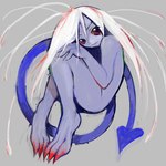 3_toes ambiguous_gender blue_body blue_skin claws eyebrows feet grey_background hair long_hair not_furry nude red_eyes simple_background solo spade_tail tail toe_claws toeless_(marking) toes white_hair yogurt200 demon demon_humanoid humanoid tailed_humanoid 2021 absurd_res hi_res