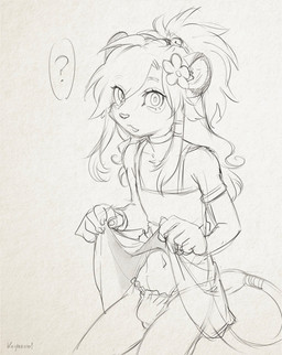 adolescent anthro bulge clothed clothed_anthro clothed_male clothing clothing_lift crossdressing crossdressing_male femboy fur hair long_hair looking_at_viewer male male_anthro navel panties ponytail question_mark solo tail underwear young young_anthro young_male koiyaroid femboy_lion_(koiyaroid) felid lion mammal pantherine 2026 digital_media_(artwork) hi_res monochrome sketch