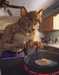 anthro athletic athletic_anthro athletic_male biped cooking countershade_fur countershading egg_(food) fried_egg fur male shirtless_anthro shirtless_male solo white_body white_countershading white_fur yellow_body yellow_eyes yellow_fur latrans felid leopard mammal pantherine 2024 hi_res