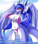 anthro bat_wings big_breasts blue_body blue_hair blue_scales blush bodily_fluids breasts clothed clothing cloud detailed_background female fin genital_fluids genitals hair horn lactating long_hair membrane_(anatomy) membranous_wings milk navel non-mammal_breasts open_mouth outside pussy scales sky solo tail teeth torn_clothing vaginal_fluids water white_body white_scales wide_hips wings yellow_eyes suddenhack mythology snowfyre_(character) dragon mythological_creature mythological_scalie scalie 2016 hi_res