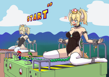 5_fingers armband blonde_hair blue_eyes blush bound bracelet breasts chain chained clothed clothing collar cross-popping_vein crown ear_piercing eyebrows eyelashes female female_focus fingers genitals group hair headgear horn humanoid_pointy_ears jewelry legwear open_mouth outside penetration piercing pointy_ears ponytail shell sitting spiked_armband spiked_bracelet spiked_collar spiked_shell spiked_tail spikes spikes_(anatomy) square_crossover super_crown tail teeth thick_eyebrows thigh_highs vaginal vaginal_penetration vein vulva colucolu bowsette_meme mario_bros mario_party_(series) mario_party_2 nintendo bowser luigi mario animal_humanoid humanoid koopa_humanoid scalie scalie_humanoid 2018 absurd_res colored digital_drawing_(artwork) digital_media_(artwork) hi_res meme brother_(lore) brothers_(lore) sibling_(lore) twins_(lore)