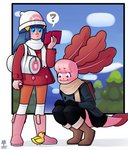 anthro clothing coat cosplay duo female pokeball pokedex question_mark scarf topwear wazzaldorp nintendo pokemon real_axolotl_hours axey_(wazzaldorp) dawn_(pokemon) koi-chan pokemon_trainer amphibian amur_carp axolotl carp cyprinid cypriniform fish koi marine mole_salamander salamander typical_carp 2021 absurd_res hi_res