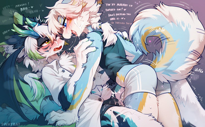 anthro blue_body blue_eyes blue_fur blush bodily_fluids clothed clothing cum cum_on_clothing cum_on_face cum_on_leg duo erection fur genital_fluids hair heart_symbol horn male male/male open_mouth saliva saliva_string simple_background smile tail tail_motion tailwag teeth text tongue white_body white_fur wings yellow_body yellow_eyes yellow_fur swaybat mythology qzed canid canine dragon furred_dragon furred_scalie mammal mythological_creature mythological_scalie scalie digital_media_(artwork) english_text hi_res