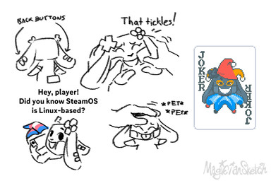 ambiguous_gender anthro anthrofied black_body black_eyes blep blush blush_stickers clothing controller dialogue eyelashes fool's_hat footwear front_view game_controller hat headgear headpat headwear joker_(playing_card) legwear lgbt_pride long_ears looking_at_viewer looking_back lying on_back open_mouth petting pride_colors rear_view short_tail shortstack smile smiling_at_viewer socks solo steam_controller stockings tail talking_to_viewer text thigh_highs tickling tongue tongue_out transgender_pride_colors magiciansketch balatro steam_controller_(2026) steam_deck valve valve_corporation valve_hardware steam_bun_(magiciansketch) animate_inanimate lagomorph mammal 2025 3:2 digital_media_(artwork) english_text signature