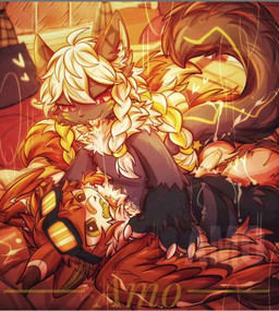 ambiguous_gender anthro bandage bandage_on_face bandage_on_nose bodily_fluids cum duo eyewear female female_on_top furry_chest genital_fluids genitals glasses male messy on_top penis raised_tail red_eyes saliva saliva_string tail wings gracieamai canid canine canis domestic_dog mammal panthera hi_res