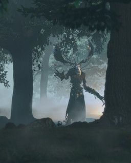 ambiguous_gender antlers bone bone_mask foggy_background forest horn mask plant solo tree pablov the_witcher_3:_wild_hunt humanoid leshen hi_res