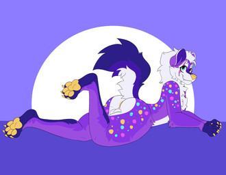 anthro anus_peek balls bottom_heavy colorful_body femboy fluffy fur genitals heterochromia jester male markings purple_body purple_fur solo spots spotted_body white_body white_fur yellow_paws hoodied kaiju_paradise party_yeena hyena mammal spotted_hyena hi_res