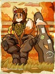 accessory anthro autumn backpack beanie bench bottomwear brown_hair cargo_pants clothed clothing falling_leaves female flannel_shirt forest forest_background fully_clothed grass guitar_case hair hat headgear headwear nature nature_background orange_body orange_eyes outside pants pin_accessory pin_button plant sitting smile smiling_at_viewer solo tail tail_motion tailwag torn_bottomwear torn_clothing torn_pants tree eyeball6300_(chiv) canid canine fox mammal 3:4 hi_res warm_colors