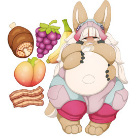 anthro bacon female food fruit grape meat overweight overweight_female plant pregnant pregnant_anthro pregnant_female solo neo_geppetto made_in_abyss nanachi lagomorph leporid mammal narehate rabbit absurd_res comic hi_res