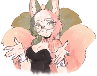 anthro arm_tattoo bangs black_body black_clothing black_fur black_hair blunt_bangs breasts choker cleavage clothed clothing colored_nails eyebrow_through_hair eyebrows eyelashes eyewear facial_piercing female fluffy fluffy_tail fur gesture glasses hair inner_ear_fluff jewelry leotard lip_piercing long_ears long_hair medium_breasts multi_tail multicolored_body multicolored_fur multicolored_hair multicolored_nails nails neck_bow necklace nose_piercing nose_ring piercing pink_body pink_bow pink_fur pink_hair pink_nails pink_nose ring_piercing round_glasses shirt_cuffs shoulder_tattoo shrug simple_background smile smug snakebite_piercing solo tail tattoo teeth tied_hair translucent translucent_hair tuft white_background yellow_eyes yellow_nails cherryvly canid canine fox mammal hi_res