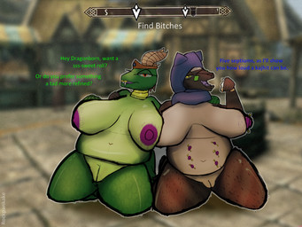 anthro belly brown_body duo eating female genitals green_body kneeling mature_female nipple_piercing nipples piercing plump_labia prostitution screencap screencap_background talking_to_viewer teats text vulva rockpankake bethesda_game_studios microsoft skyrim the_elder_scrolls argonian felid khajiit mammal scalie 2025 4:3 digital_media_(artwork) english_text hi_res