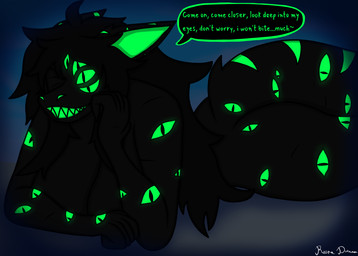 anthro big_breasts black_body black_hair black_skin breast_squish breasts dialogue exposed_breasts female glowing glowing_eyes green_eyes green_teeth hair hypnotic_eyes inviting long_hair looking_at_viewer lying markings mature_female multi_eye on_front seductive shark_tail shark_teeth solo solo_focus squish talking_to_viewer teeth text thick_thighs reena_dreamer lurana_(reena_dreamer) aquatic fish monster shark absurd_res english_text hi_res