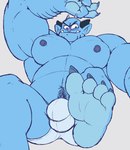 2_horns 4_toes autodex balls_outline beardo_(ok_k.o.!_lbh) blue_body blue_skin bulge cartoon_network clothed clothing detailed_bulge eyebrows feet genital_outline hi_res horn humanoid male male_humanoid muscular muscular_male nipples not_furry ok_k.o.!_let's_be_heroes penis_outline simple_background solo toes unibrow