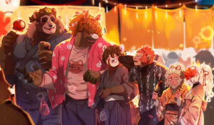 anthro blush bottomwear brown_body brown_fur clothing detailed_background eyes_closed eyewear festival food fur glasses group humanoid_hands jinbei_(clothing) kemono male outside overweight overweight_male pants shirt topwear booboo34 ailurid canid canine equid equine haplorhine horse mammal monkey primate raccoon_dog red_panda tanuki 2021 absurd_res hi_res