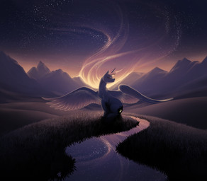 creek cutie_mark detailed_background feathered_wings feathers female feral grass horn mountain night nude plant scenery side_view sitting sky solo spread_wings star starry_sky sunset wind wings katputze friendship_is_magic hasbro my_little_pony mythology princess_luna_(mlp) equid equine mammal mythological_creature mythological_equine winged_unicorn 2017 absurd_res digital_media_(artwork) full-length_portrait hi_res portrait