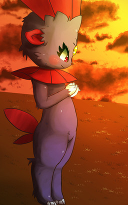 ambiguous_gender black_body black_fur blush cloud forehead_gem fur gem grass outside plant red_eyes smile solo standing sunset bunnag nintendo pokemon generation_4_pokemon pokemon_(species) weavile 5:8 digital_media_(artwork) shaded