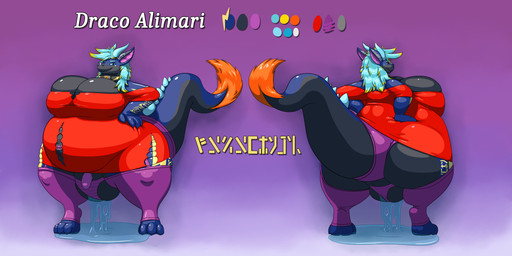 3_toes 4_fingers anthro areola avali_scratch_(text) barely_contained barely_contained_pussy belly big_breasts big_tail big_vulva black_belly black_body black_breasts black_tail blue_arms blue_body blue_claws blue_ears blue_eyes blue_hair blue_horn blue_legs blue_pussy_juice blue_tail blue_vaginal_fluids bodily_fluids breasts claws clothed clothed_anthro clothed_female clothing color_swatch colored_pussy_juice colored_vaginal_fluids dress excessive_genital_fluids excessive_vaginal_fluids facial_horn feet female female_anthro finger_claws fingers front_view genital_fluids genitals hair hand_on_hip hand_on_own_hip horn horned_tail huge_breasts huge_tail hyper hyper_genitalia hyper_vulva leaking_through_clothing leaking_vaginal_fluid leaking_vaginal_fluids legwear lightning_bolt lightning_bolt_marking nipples nose_horn orange_tail_tuft purple_background purple_clothing purple_inner_ear purple_legwear purple_underwear purple_vulva rear_view red_clothing red_dress red_shirt red_topwear shirt simple_background solo tail tail_tuft text text_on_arm text_on_leg toes topwear tuft underwear unusual_bodily_fluids unusual_genital_fluids unusual_vaginal_fluids vaginal_fluids vaginal_fluids_puddle vaginal_fluids_through_clothing vulva wet wet_clothing wide_hips yellow_hair_tips firolina european_mythology mythology draco_alimari dragon mythological_creature mythological_scalie scalie western_dragon 2:1 absurd_res hi_res model_sheet