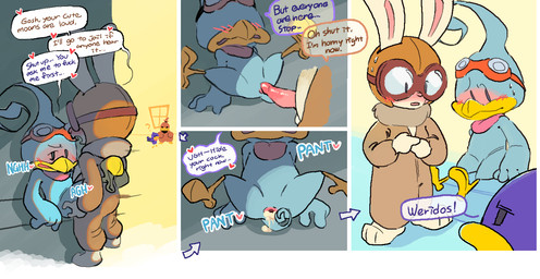 age_difference animal_genitalia anthro anthro_on_anthro anthro_penetrated anthro_penetrating anthro_penetrating_anthro blush bodily_fluids cloaca cloacal cloacal_penetration cum cum_in_cloaca cum_inside dialogue duo ejaculation enhibitionism erection eyewear eyewear_on_head genital_fluids genitals goggles male male/male male_penetrating open_mouth penetration penile penile_penetration penis penis_in_cloaca public public_sex sex speech_bubble stealth_sex student teacher teacher_and_student text anonymous_artist kuru_kuru_kururin kururin_paradise nintendo kururin teacher_hare avian bird lagomorph leporid mammal rabbit digital_media_(artwork) english_text