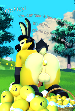 anal_oviposition anthro balls beak bodily_fluids butt easter_egg egg egg_in_ass erection fur genital_fluids genitals hair holidays looking_at_viewer male nude outside oviposition penis solo tail text white_text yellow_body yellow_fur jen_dover(artist) easter jen_dover avian bird 3d_(artwork) absurd_res digital_media_(artwork) hi_res