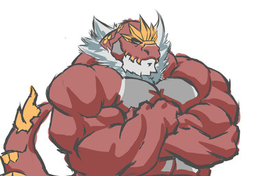 anthro anthrofied crossed_arms eyes_closed front_view male pokemorph red_body red_scales scales simple_background snout solo standing white_background white_body white_scales signirsol nintendo pokemon dinosaur fossil_pokemon generation_6_pokemon pokemon_(species) prehistoric_species reptile scalie tyrantrum 2013 colored digital_media_(artwork) shaded