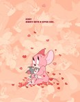 anthro doll eyelashes happy heart_symbol holding_object hug male pink_background simple_background sitting smile solo atori metro-goldwyn-mayer tom_and_jerry jerry_mouse mammal mouse murid murine rodent