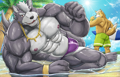 abs anthro barazoku barefoot beach biceps big_bulge big_muscles bracelet bulge claws clothed clothing cloud countershading day duo eye_patch eyebrows eyewear feet fur gesture glistening glistening_body glistening_fur gold_(metal) hair hand_gesture holding_object holding_surfboard holding_weapon huge_muscles humanoid_feet humanoid_hands jewelry kemono looking_at_viewer lying male muscular muscular_anthro muscular_male navel necklace nipples obliques on_side outside palm_tree partially_submerged pecs plant plantigrade pointing quads sand seaside sky smile speedo standing sun surfboard swimming_trunks swimwear thick_thighs topless topless_anthro topless_male tree tuft vein water weapon wet wet_body wet_fur miazuma_shouki nintendo star_fox fox_mccloud wolf_o'donnell canid canine canis fox mammal wolf 2022 absurd_res hi_res