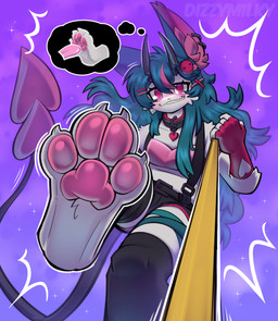 anthro breasts clothed clothing collar ear_piercing ear_ring feet female fingerless_gloves foot_focus gloves hair handwear leash leash_pull pawpads paws piercing raised_leg ring_piercing dizzymilky felid feline mammal absurd_res hi_res