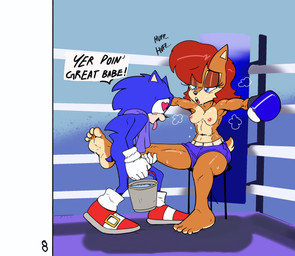 4_toes anthro auburn_hair barefoot blue_body blue_fur blush blush_lines bodily_fluids boxing_gloves boxing_shorts breasts breath brown_body brown_eyelids brown_fur brown_hair bucket clothed clothing container corner dialogue duo feet female fighting_ring footwear fur furniture hair handwear heart_eyes heart_symbol kickboxing male muay_thai muscular muscular_anthro muscular_female nipples out_of_breath panting pink_nipples red_hair shoes small_breasts smitten speech_bubble stool sweat tan_body tan_face tan_fur tan_soles tan_toes text toes tongue tongue_out topless topless_anthro topless_female water water_bucket fellowthewulf sega sonic_the_hedgehog_(series) sally_acorn sonic_the_hedgehog eulipotyphlan hedgehog mammal rodent sciurid tree_squirrel comic english_text hi_res
