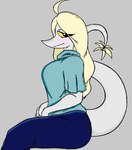 alternate_eye_color anthro black_eyes blonde_hair blue_clothing blue_shirt blue_topwear blush bottomwear breasts clothed clothing denim denim_bottomwear denim_clothing feathers female freckles hair jeans long_hair long_tail looking_at_viewer narrowed_eyes pants shirt simple_background snout solo speckled_body tail tail_feathers topwear yellow_body yellow_feathers yellow_sclera ather_os kamaleon89 third-party_edit cavemanon_studios snoot_game tarja_(snoot_game) dinosaur feathered_dinosaur feathered_scalie prehistoric_species reptile scalie theropod troodon troodontid colored