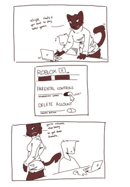 4_fingers anthro arm_support black_body black_fur black_nose bodily_fluids bottomwear breasts chair cheek_tuft clothing computer computer_mouse cowlick crying dialogue digit_ring duo electronics emanata eyelashes eyeless facial_tuft female female_anthro fingers frown fur furniture hair husband_and_wife jewelry laptop leaning leaning_forward looking_at_another looking_back male male_humanoid married_couple motion_lines ring shirt short_hair shorts simple_background sitting sound_effects standing sweat sweatdrop sweater tears text topwear tuft turtleneck wedding_ring whiskers white_background deltav roblox anon zoey_(alytarch) felid human humanoid leopard mammal pantherine 2023 comic digital_media_(artwork) english_text hi_res signature