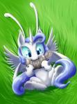 antennae_(anatomy) blue_eyes blue_hair can chewing container eating fangs feathered_wings feathers female feral grass hair hole_(anatomy) hooves horn lying plant simple_background solo teeth underhoof wings otakuap friendship_is_magic hasbro my_little_pony mythology fan_character princess_maflebottom_(oc) arthropod breezie_(mlp) changeling equid equine fairy mammal mythological_creature mythological_equine winged_unicorn 2015 absurd_res hi_res